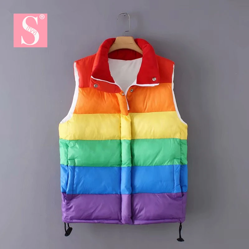 

STVY 2018 Winter Rainbow Patchwork Vests Women Loose Waistcoat Female Sleeveless Jacket Warm Plus Velvet Vest Feminino