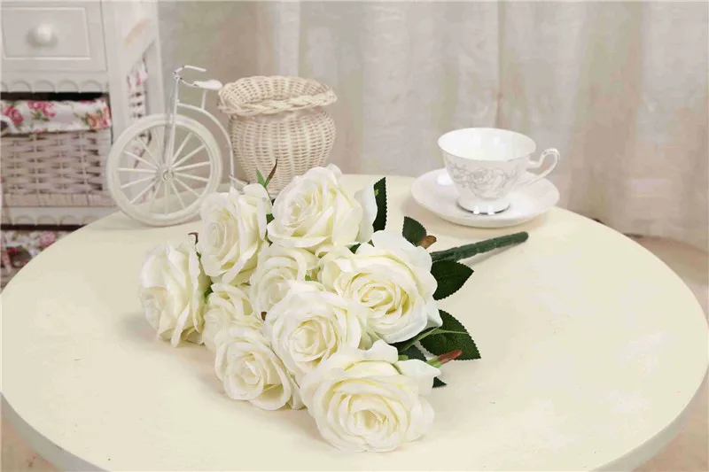 Flone 9 Heads Artificial French Style Rose Flowers Fake Silk Flower Simulation Bouquet Wedding Party Home Decoration Floral Art (10)