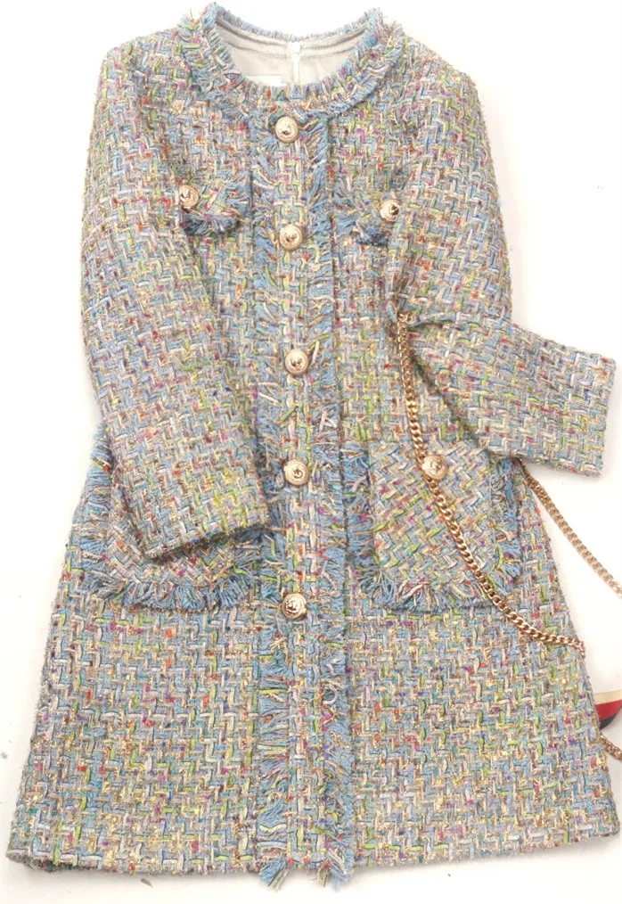 

2019 Autumn winter women's slim fit tassels dress Chic long sleeves tweed dress A567