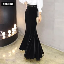 Модная длинная Вельветовая юбка макси для женщин, плюс размер, XS-3XL, стиль русалки, рыбий хвост, тянущаяся женская черная юбка