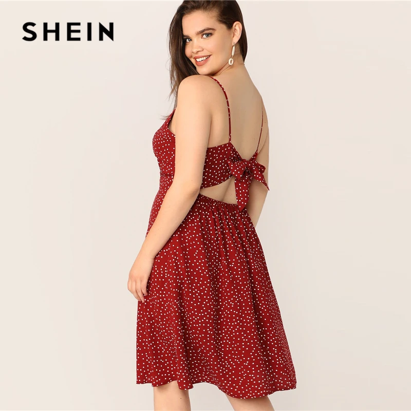 

SHEIN Plus Size Burgundy Cutout Tie Back Twist Flare Slip Dress 2019 Women Summer Boho Deep V Neck Polka Dot Backless Dresses