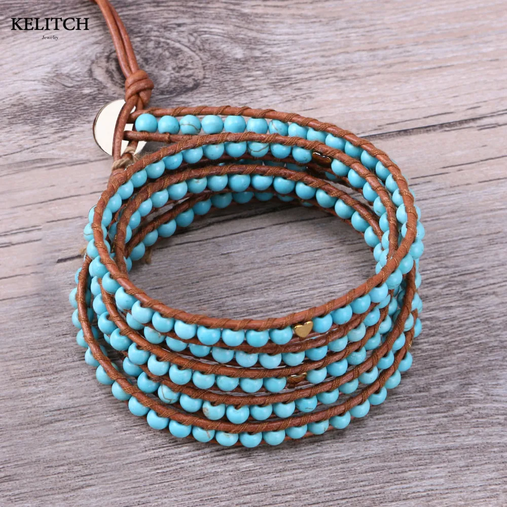 KELITCH Jewelry Brown Leather Chain Natural Green Stone Beaded Bracelet Heart Beads 5 Wrap Handmade Bracelet For Women Gifts 2017 new triple leather wrap bracelet for women fancy stone handmade multilayer czech glass beads leather rope jewelry