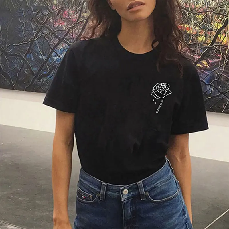 

Summer Tees Harajuku Kawaii T Shirt Rose Clothes Korean Style Fashion Tops Cute Streetwear O-neck Short Sleeve Black Tshirt
