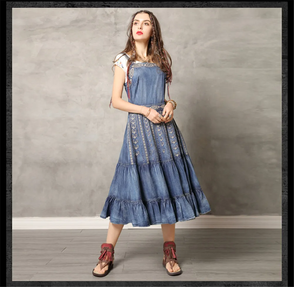 Vintage Summer Denim Dress 2019 Woman Dress Slash Neck Sleeveless  Embroidery Ruffles Hem Dresses K82139 Women Vestidos (12)