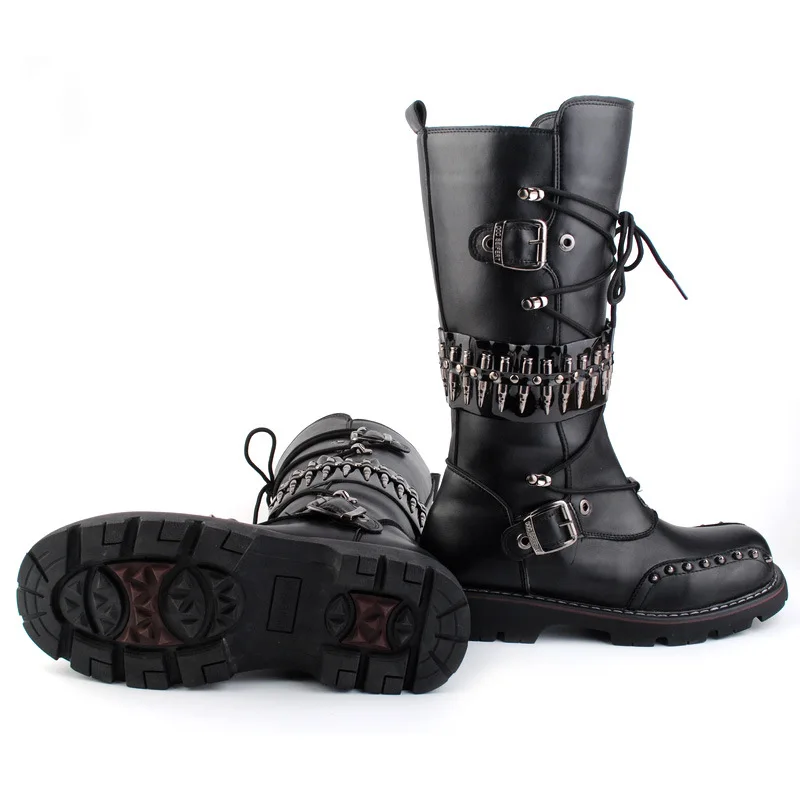 

Punk men's motorcycle high leg wet boots heavy metal rock rivet thick bottom leather stage performance long leg cowboy boots
