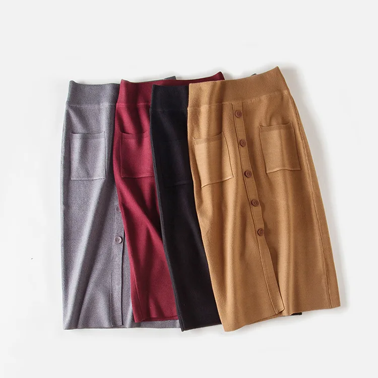 line Midi Faldas Mujeres Solo Gtgyff A Mujer borgoña Negro caqui gris Con Split Otoño Invierno Bolsillos Alta Cintura Falda Punto De Estiramiento Caliente Breasted xwA0YAUS