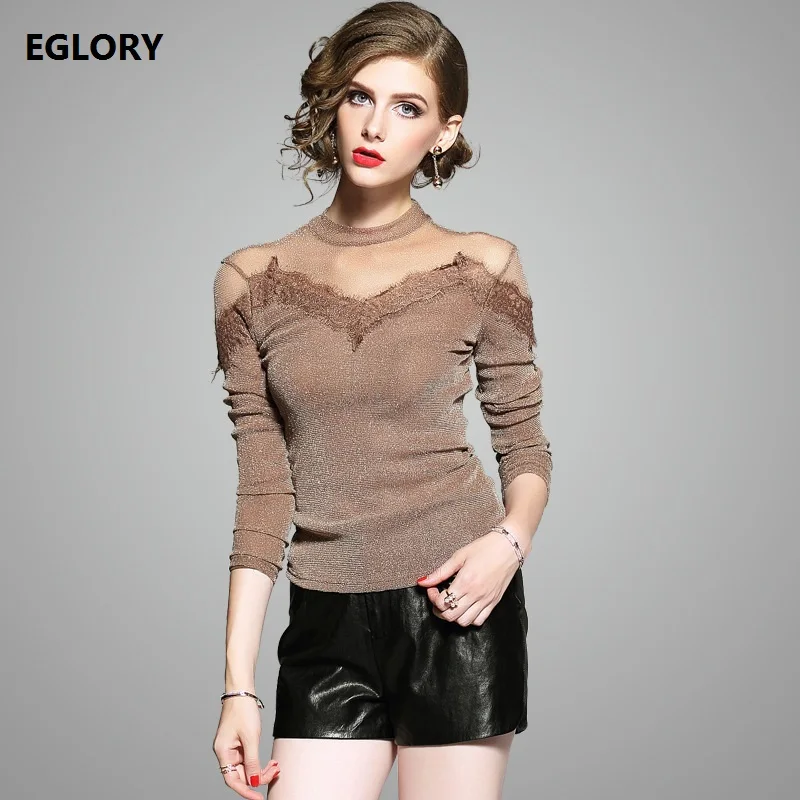 XXL Tops Women Autumn Winter Tees 2017 Ladies Sheer Mesh Lace Patchwork