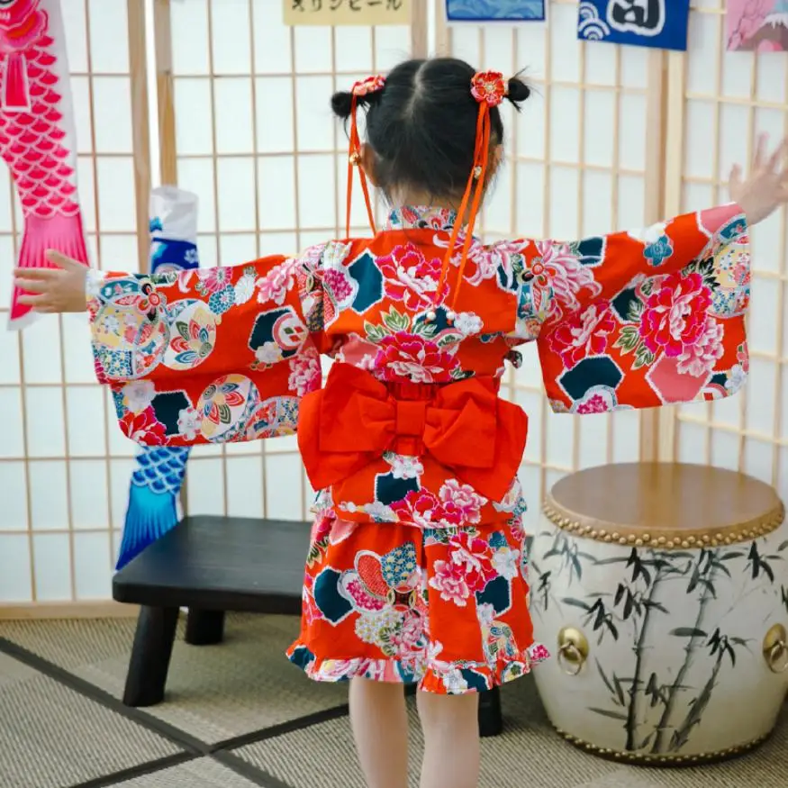 

Children's Chinese style Kimono dress Sets Baby Girls Clothes Summer Cotton Japanese Suits Dress Print Kids Teens Costume Y1014