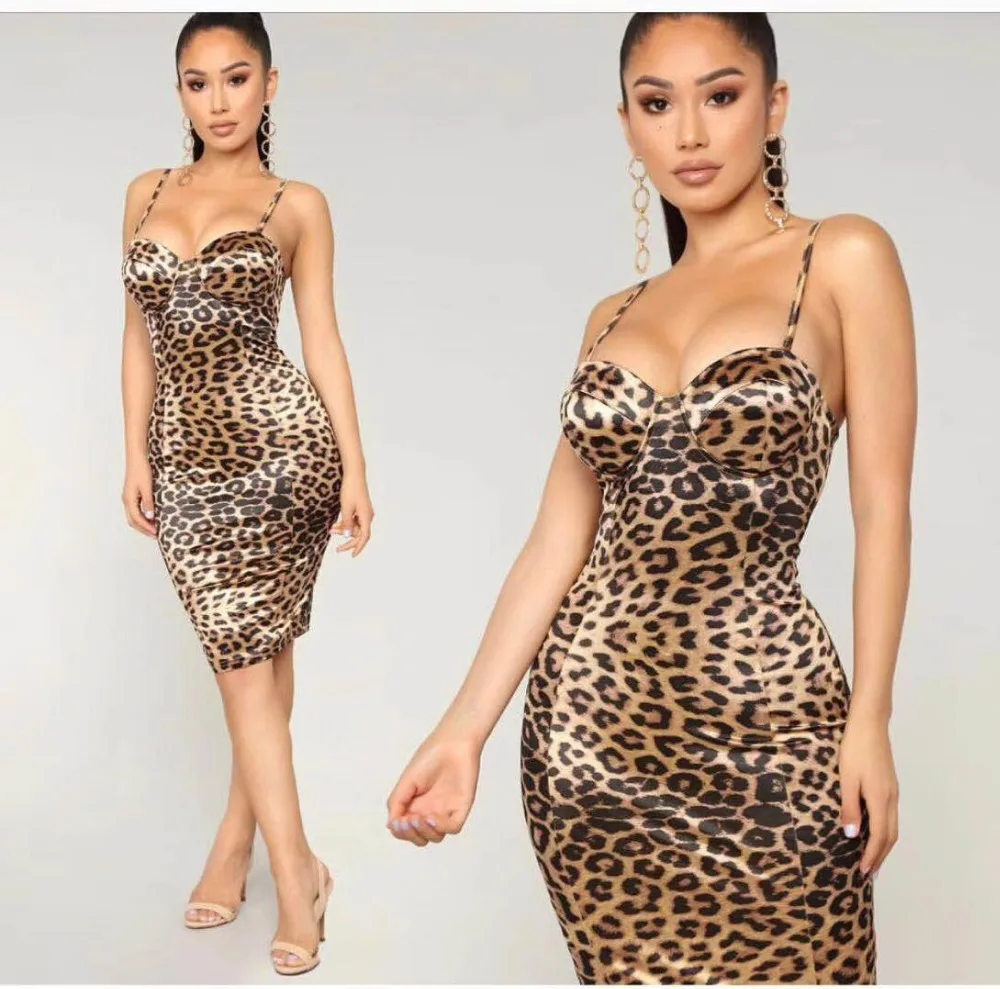 

Women leopard print Knee-Length Spaghetti Strap Sleeveless backless Elegant Celebrity evening party Bandage dress 2018 Summer
