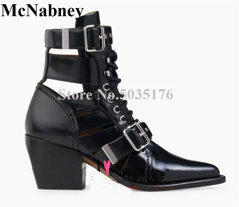 

2019 European Pointed Toe Square Heel Cross-tied Buckle Ankle Hollow Short Boots Lace-Up Cover Heel Spring/Autumn Women Shoes