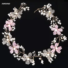 Розовый бисер цветы Свадебная голова цепь ручной работы бисером золотой свадебный ободок аксессуар головной убор SQ0276
