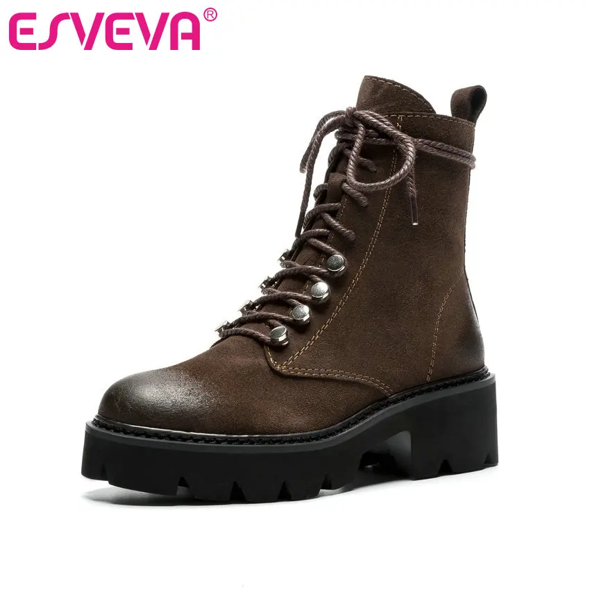 

ESVEVA 2020 Women Boots Cow Suede Autumn Shoes Ankle Boots Round Toe Zipper Med Heels Elegant Black Woman Shoes Size 34-39
