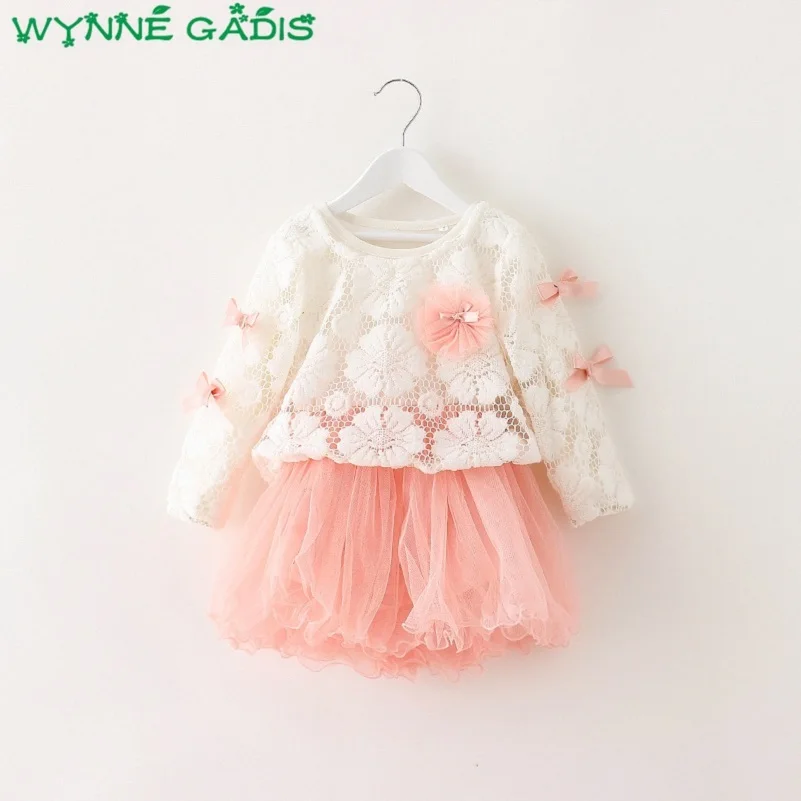 Wynne gadis/Осенняя кружевная блузка для маленьких девочек топы+ сетчатый сарафан вечерние Детские плиссированные платья-пачки принцессы из 2 предметов, vestidos - Цвет: Розовый