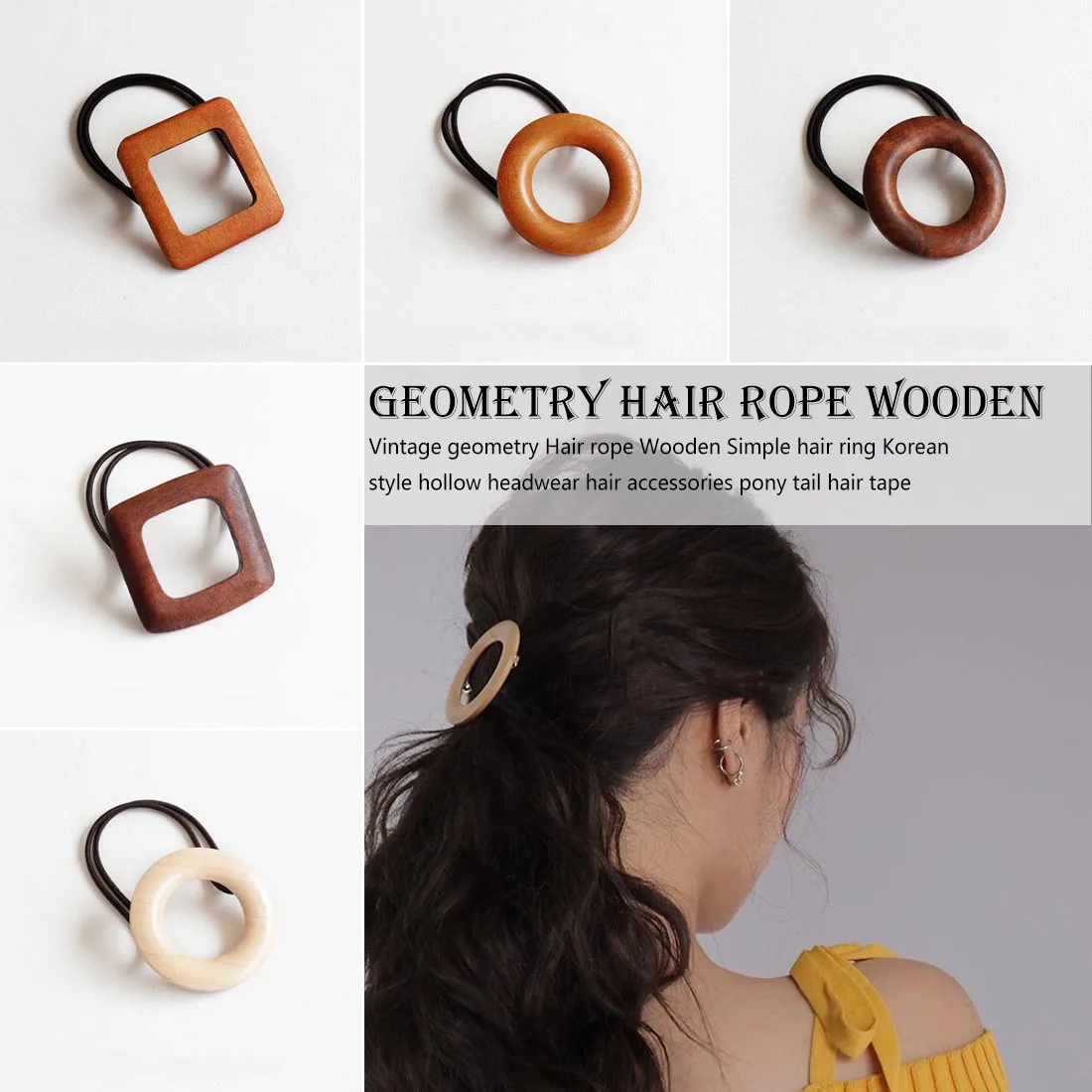 

concise style Rubber Band Geometry Wooden Hair Rope Women Hair Accessories for Women Elastic Band Round Square Ponytail Holder