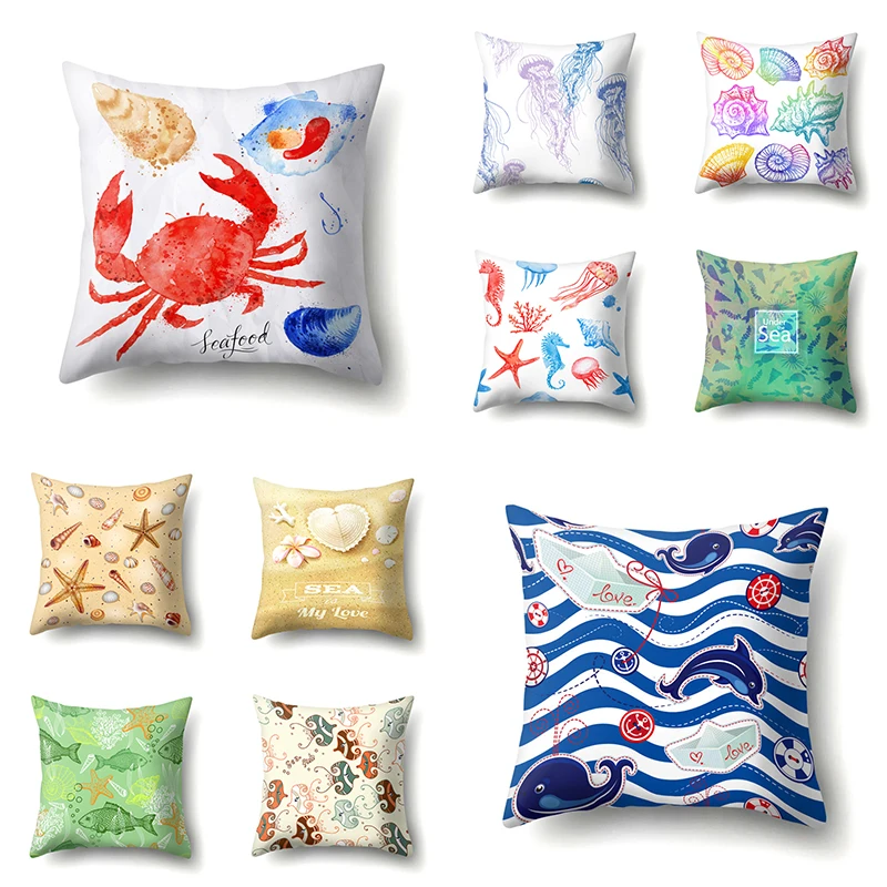 

Sea Animals Printed Blue Crab Cushion Cover 45*45cm Shell Throw Pillow Covers Decoration Fish Pillowcases Starfish Pillows Decor
