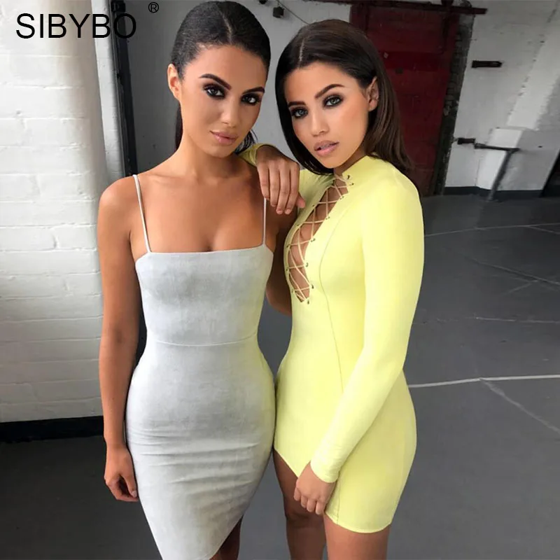 Sibybo замши с длинным рукавом Тонкий Bodycon платье Осенне зимняя Дамская обувь Sexy