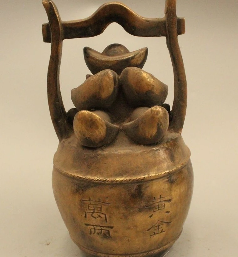 

8"Chinese Folk Fengshui Bronze Money drawing Yuan Bao Gold Pail Bucket Statue