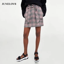 JuneLove Весенняя женская Повседневная розовая клетчатая юбка с высокой талией, Женская мини-юбка, модные пояса, Женская прямая юбка