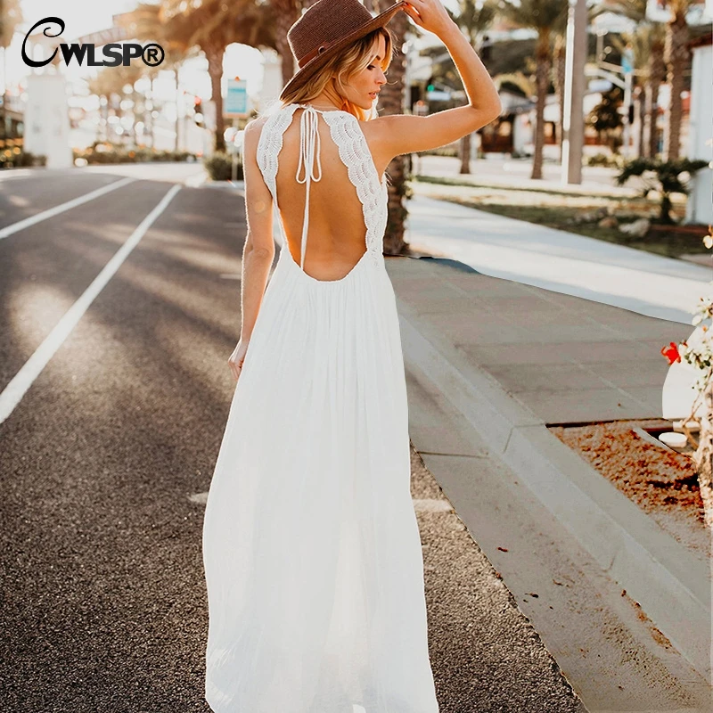 

CWLSP Sexy V neck Halter Backless Women White Lace Dresses Hollow out Elegant Maxi linen dress Party Summer Long vestido 2018