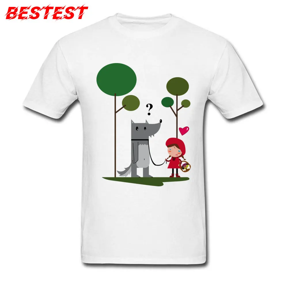 

Autumn Funny T-shirt Men White T Shirt Little Red Riding Hood And Bad Wolf Print Cartoon Clothes Cotton Tops Tees Free Shipping