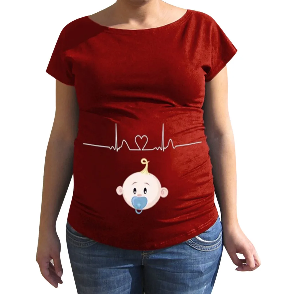 Красный Женская одежда для беременных; ropa de mujer; Повседневная футболка с короткими рукавами и рисунком для беременных; топы для беременных - Цвет: Красный