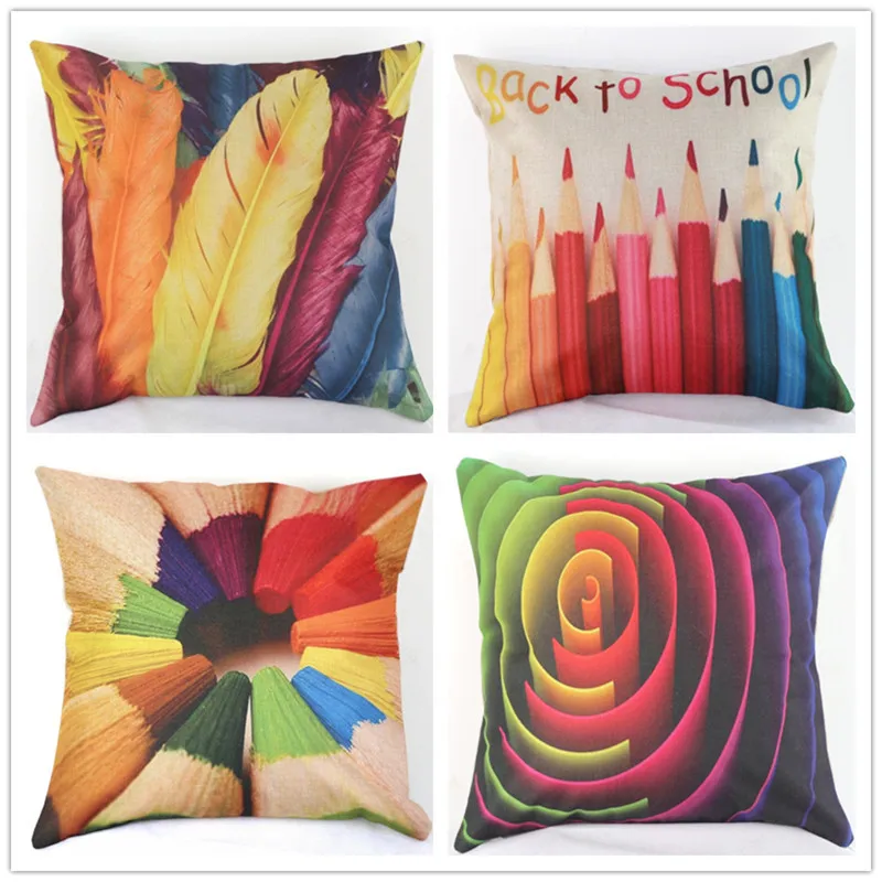 

Back to School Pillow Case Colorful Pencil Geometric Swirl Feather Bedroom Throw Pillow Cover