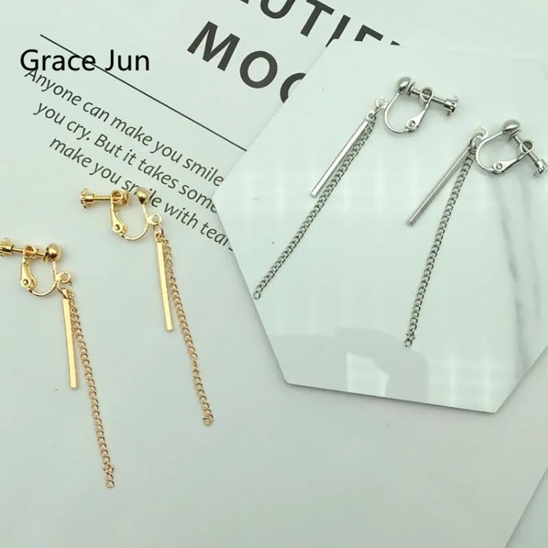 Grace Jun Long Chain Geometric Bar Shape Clip on Earrings and Drop Pierced for Girls' Fashion Simple Wholesale | Украшения и