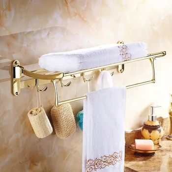 

Antique Gold Polishing Towel Rack With Clothes Hooks Wall Mount 304 Stainless Stee Carved Base Bathroom Accessories Ul10
