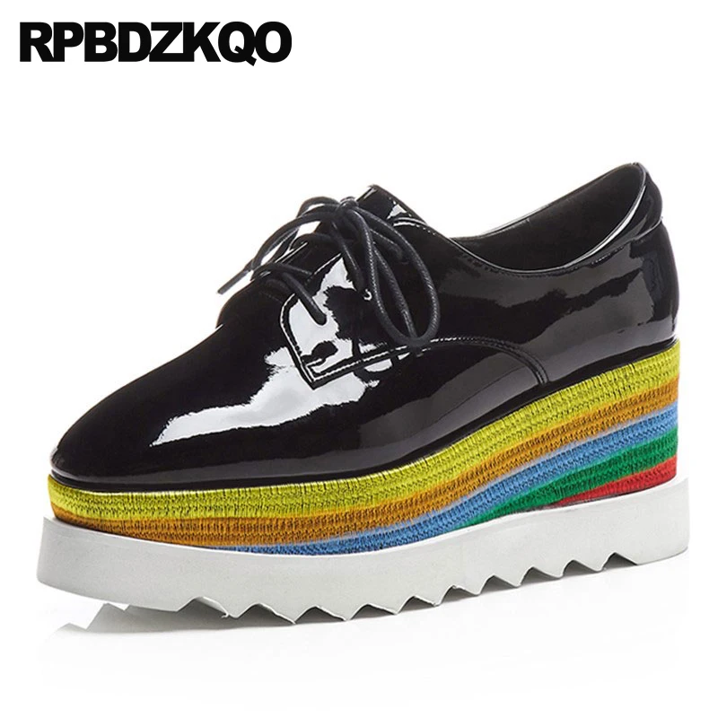 

rainbow thick sole large size creepers platform shoes patent leather women high quality muffin square toe wedge black oxfords
