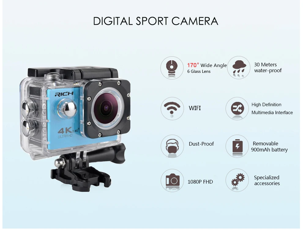 HD экшн-камера Wi-Fi для go pro hero 4, камера для экстремальных видов спорта, видео, 1080 P, 30 м, водонепроницаемая Спортивная камера, дополнительный ремень на голову+ сумка+ Монопод