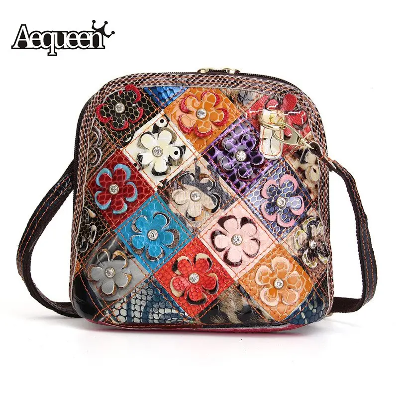AEQUEEN женская сумка на плечо, весенние сумки-почтальонки из натуральной кожи, бриллиантовые 3D Цветочные Лоскутные сумки через плечо, случайные цвета