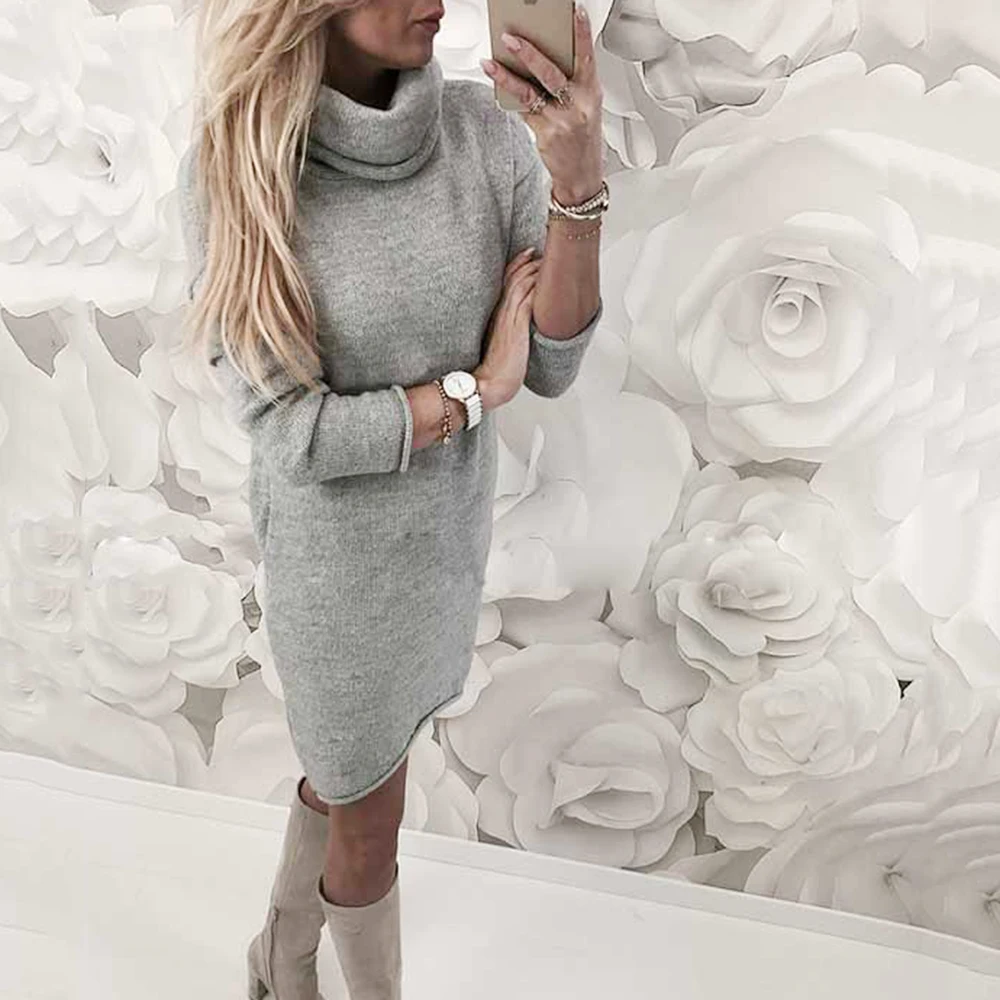 

Women Turtleneck Sweater Winter Solid Long Casual Lady's Long Sleeve Pullove Sweater Dress Turtleneck Sueteres Vestido Gola Alta