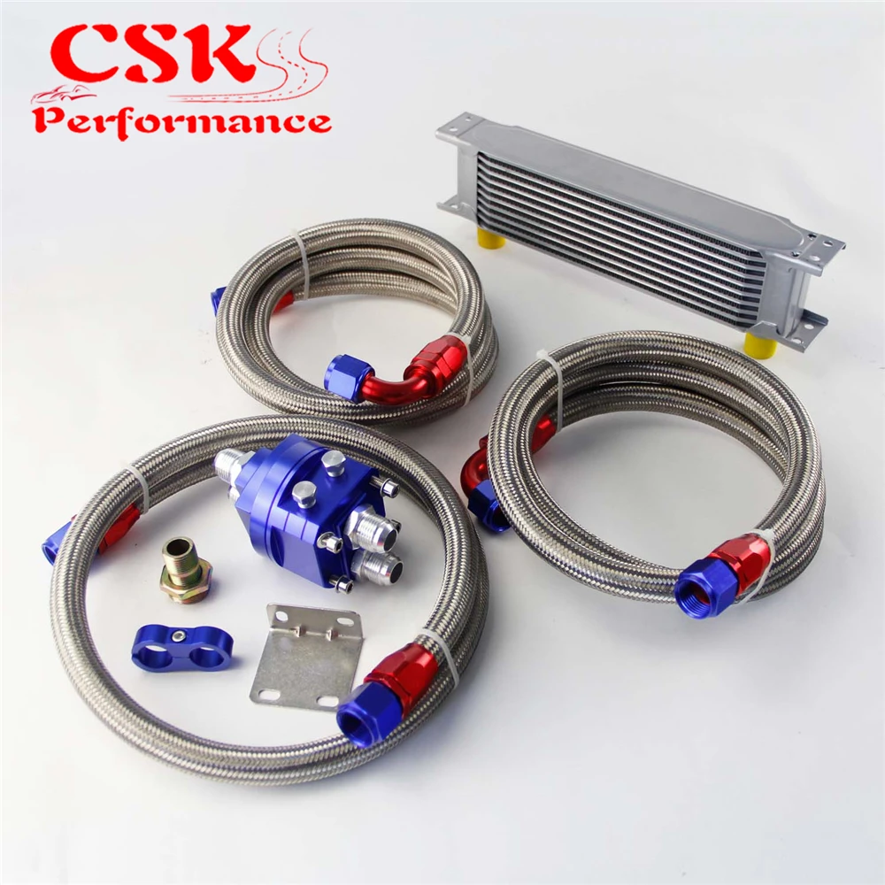 

10 Row AN10 Universal Engine Transmission Oil Cooler British Type + Filter Adapter Kit Silver/Blue/Black