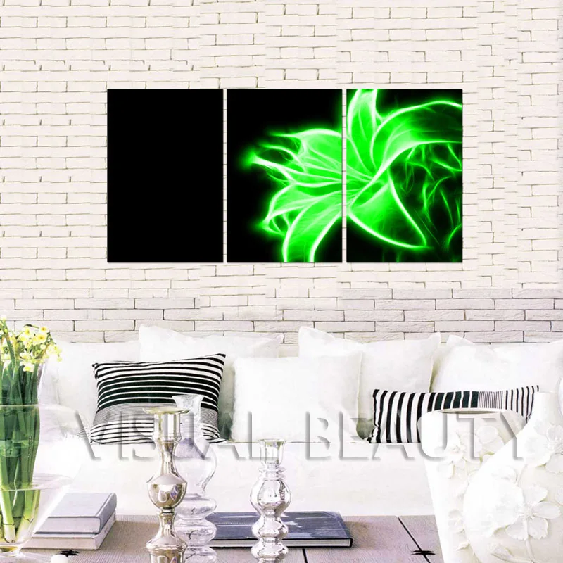 FREE SHIPPING Wholesale Abstract Green Flower 3 Panel Canvas Wall Art