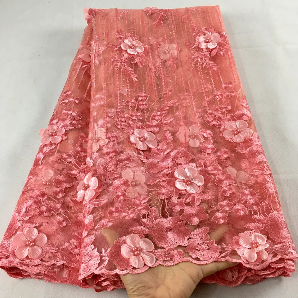 

African Lace Fabric 2019 High Quality Lace Pink Bridal Lace Fabric With Beaded Nigerian Tulle Mesh Lace Fabrics HX05F