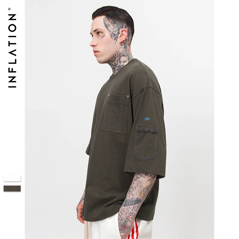 INFLATION 2018 Summer Outside Stitching Oversize Pocket Tshirt Pure Colour Short Sleeve Top Tee Male Casual Hip Hop 8359S | Мужская