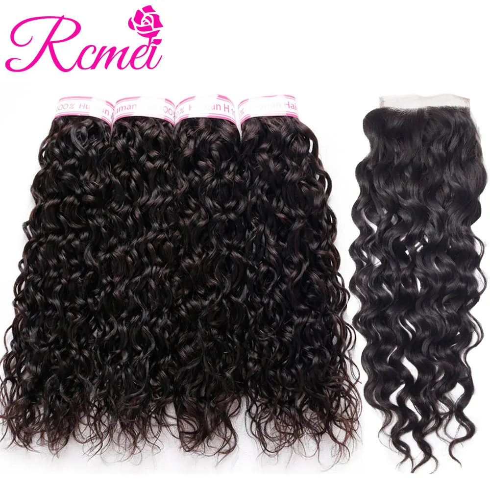 Brazilian Water Wave Bundles With Closure Non Remy Hair 4 Bundles Water Wave Weaving With Lace Closure Free Part Can Dyed Rcmei