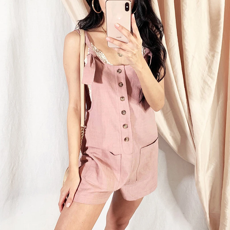 Jumpsuit Women Cotton Linen Casual Female Overalls Vintage Ladies Button Pockets Pink Rompers Fashion Summer Playsuits D30