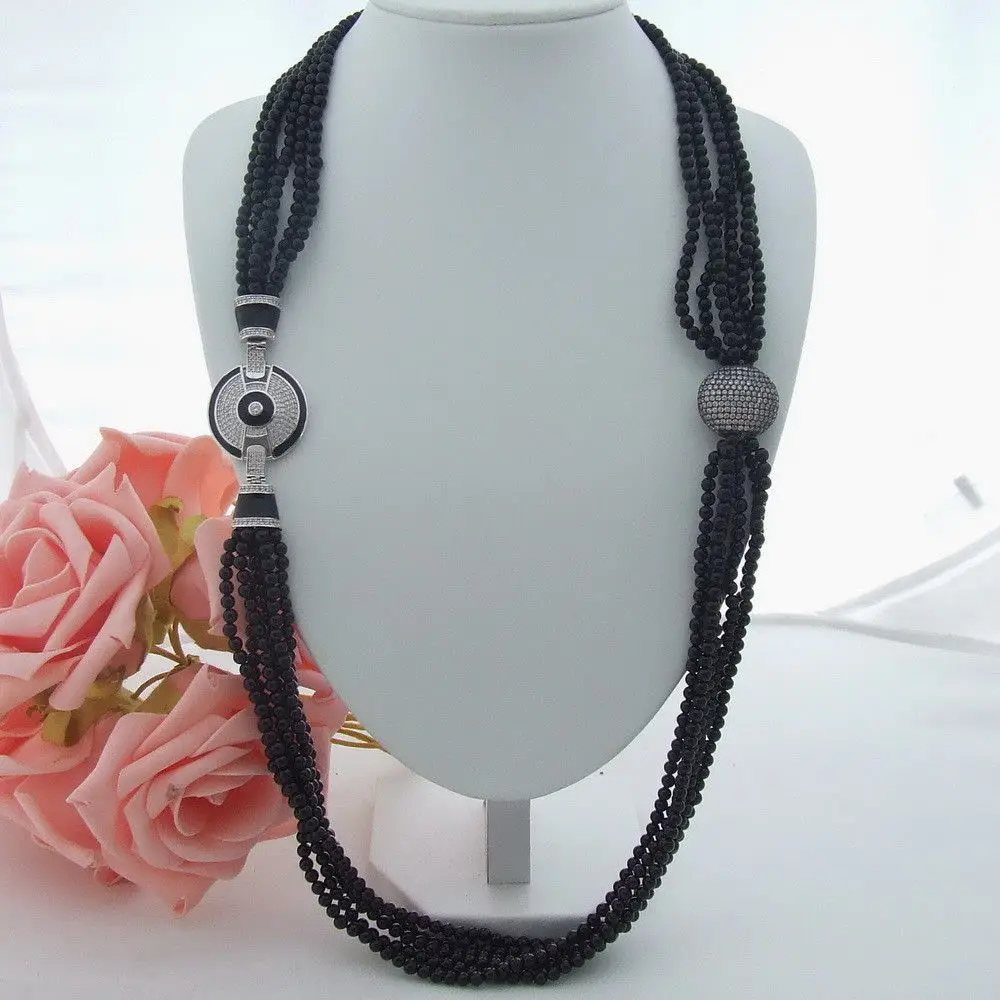 

AB061503 42'' 6 Strands Black Onyx Long Necklace CZ Clasp