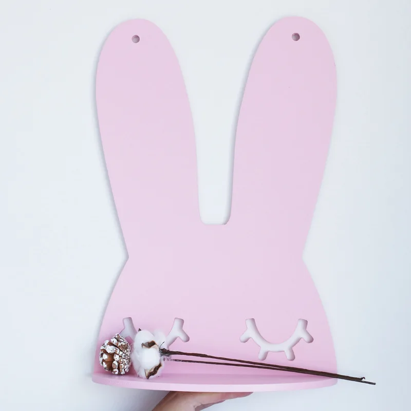 Деревянные настенные полки в скандинавском стиле с радужным кроликом для маленьких детей, украшение для комнаты, стеллаж для хранения, органайзер, полка с хлопотами, реквизит для фотосессии - Цвет: Pink Rabbit