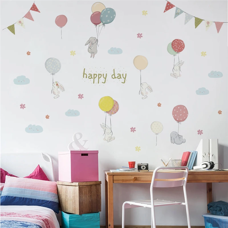 

cartoon rabbit animal balloon flower cloud wall stickers bedroom nursery home decor pvc 30*90cm wall decals mural art diy poster