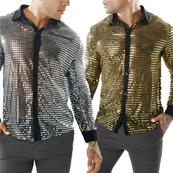 Модная мужская Повседневная рубашка с длинными рукавами с блестками, приталенная рубашка, топы, блузка, рубашка
