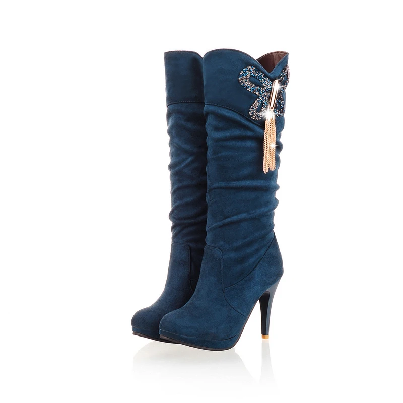 

2016 Women Winter Fashion Mid Calf Boots Thin High Heel Platform Round Toe Elastic Suede Rhinestone Decorative Motorcycle Boots