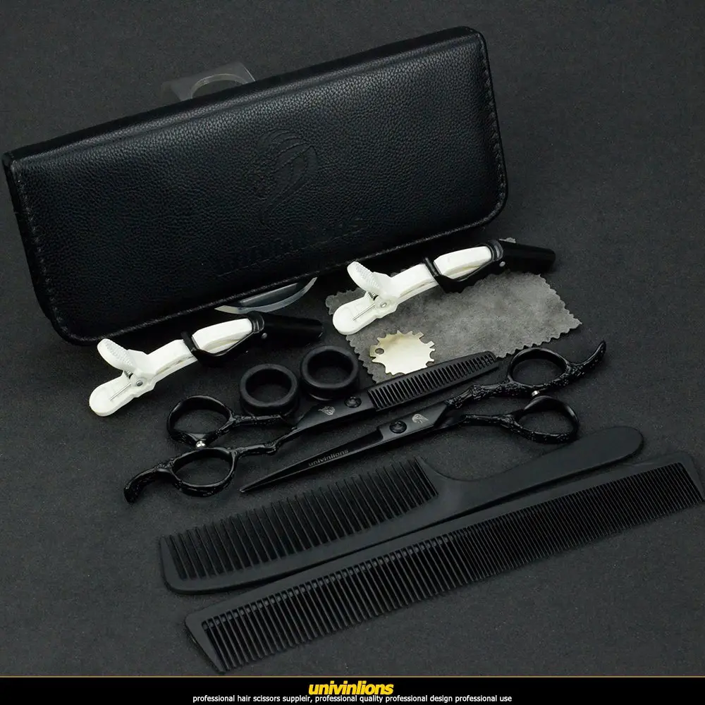 set leather case " черные гравированные ножницы, парикмахерские Профессиональные парикмахерские принадлежности, парикмахерские ножницы, парикмахерские ножницы, бритвенный салон de coiffure - Цвет: set leather case