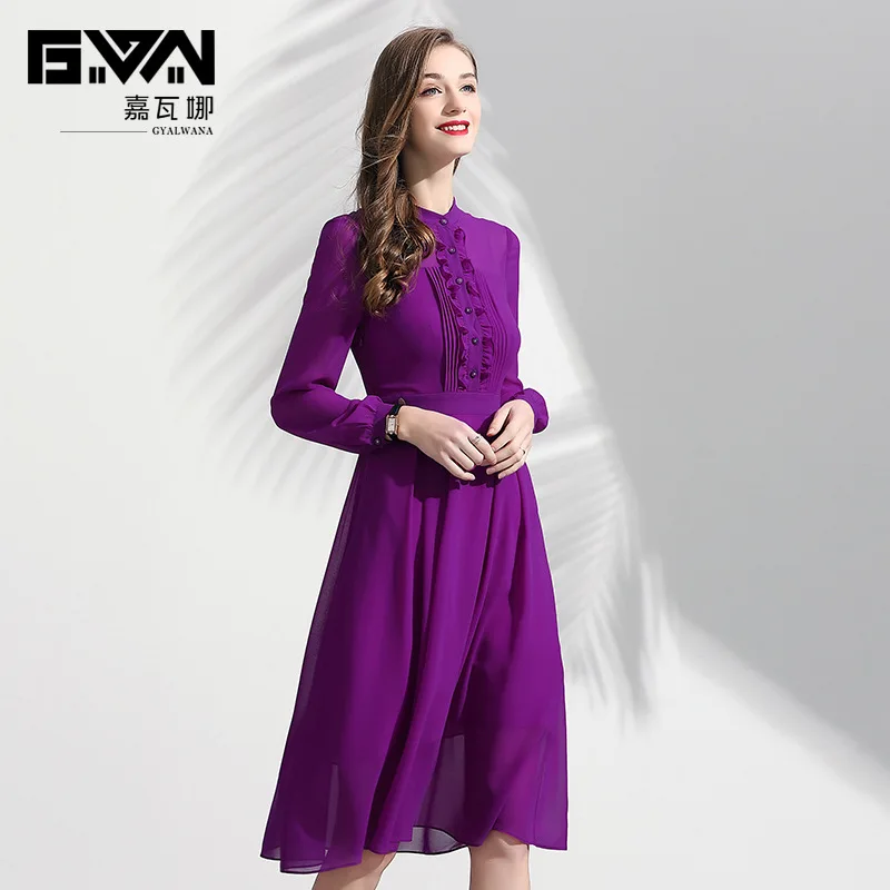 GYALWANA, новинка весны, фиолетовое шифоновое роскошное платье, женское, стоячий воротник, складное, с деревянными ушками, элегантное ТРАПЕЦИЕВИДНОЕ платье с рукавами-фонариками