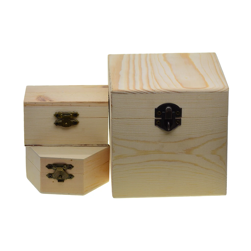 6pcs Natural Unfinished Wood Wooden Jewelry Gift Box Storage Case Organizer for DIY Painting Craft with Lid and Lock