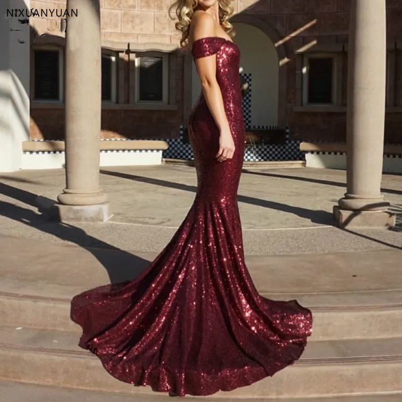 Robe De Soiree 2019 Sequin Evening Dresses Long Mermaid Off The Shoulder Burgundy Saudi Arabic Women Formal Prom Evening Gown