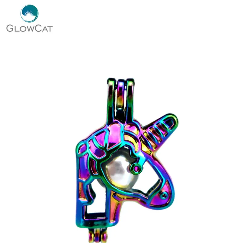 

C686 5pcs/lot Rainbow Color Unicorn Cage Pendant Pearl Locket Fairytale Party Essential Oil Diffuser