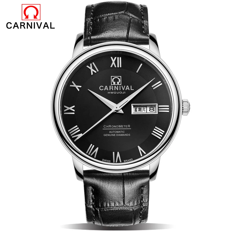 

Carnival Fashion Automatic Mechanical Watche Mens Leather Strap Wristwatches Watch Men Sapphire Crystal Clock erkek kol saati