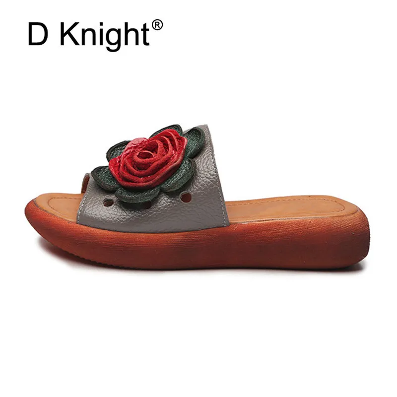 Big Size Flower Woman Beach Flip Flops Summer Sandals Slip- Resistant Slippers Platform Sandal Genuine Leather Slides Size 35-40 (5)